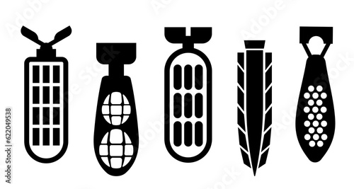 Different cluster munition types. Cluster bombs and shells vector set.