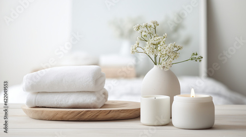 Wellness and Spa  spa accessories  candles  essential oils  and bath salts in a peaceful setting Generative AI