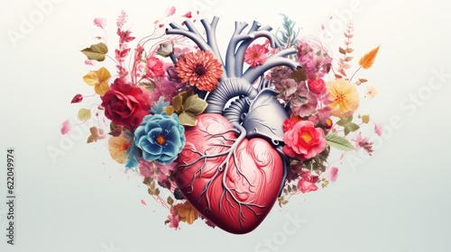 Human heart with flowers and leaves on white background, Colored, creative illustration. Visual for design of medical photo