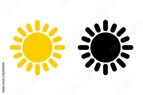 Sun icon set. Collection of yellow sun and black silhouette. Vector illustration for use as weather, sunlight, nature icon or logo isolated on white background