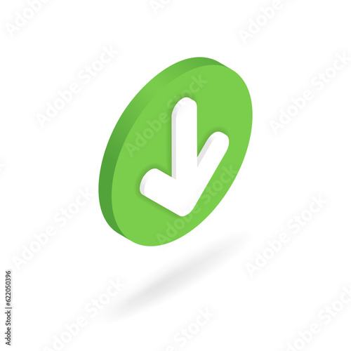 Isometric download button. 3d file loading icon presented at right angle. Down arrow as file uploading, data transfer symbol for internet use. Vector illustration isolated on white background