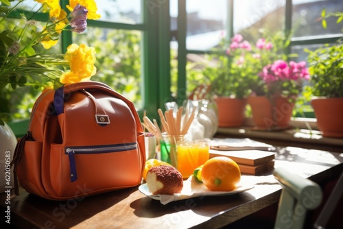 schoolbag with healthy breakfast  Schoolbag on a Table with a Delicious Breakfast Spread  Water Bottle  and Lunchbox  Set on a Sunny Terrace with Blooming Flowers  Embracing the Joy of Spring