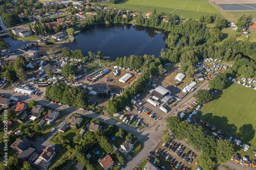 Aerial view of a rock festival in the village
