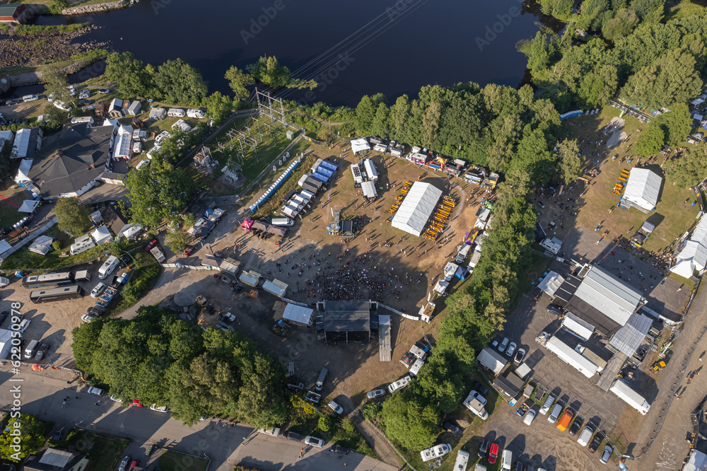 Aerial view of a rock festival in the village