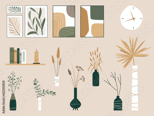 Big set of isolated decorative elements for decor your living room or office. Abstract and floral pictures, floral arrangements bundle. Modern minimalistic design. Japandi or Scandinavian interior