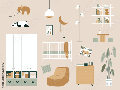 Baby room set with wardrobe, cot, shelves, table for drawing and chairs, toys etc. Nursery elements in Japandi or Scandinavian Style. Vector Interior background collection