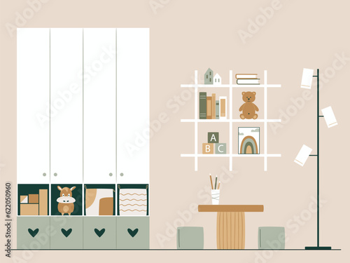 Baby room with wardrobe, shelves, table for drawing and chairs, toy and floor lamp. Рlayroom in Japandi or Scandinavian Style. Vector Interior background