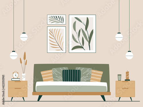 Modern bedroom interior with a stylish combination of trendy earth tones. Bed with pillows, pictures, lamp, night tables. Modern bedroom in Japandi or Scandinavian Style. Vector Interior background