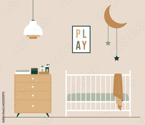 Baby room with poster, unisex white cot, lamp, chest. Nursery in Japandi or Scandinavian Style. Vector Interior background