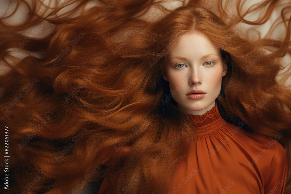 portrait of a woman/model/book character in a close up with long red/copper hair in a fashion/beauty editorial magazine style film photography look - generative ai art