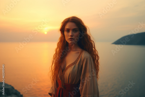  illustration of a woman/book character in formal clothes overlooking the coastline  during sunset looking lost/sad/thoughtful reminding of Scottish landscapes © MaryAnn