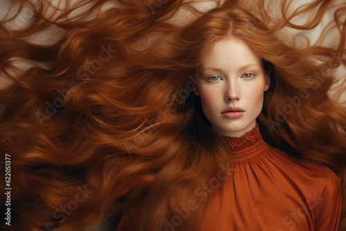 portrait of a woman/model/book character in a close up with long red/copper hair in a fashion/beauty editorial magazine style film photography look - generative ai art