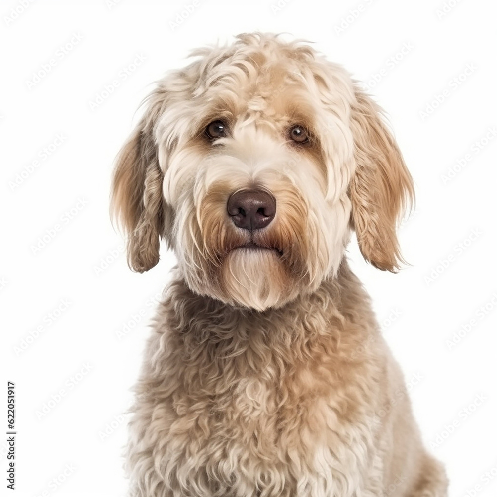 Labradoodle dog close up portrait isolated on white background. Cute pet, loyal friend, good companion, generative AI