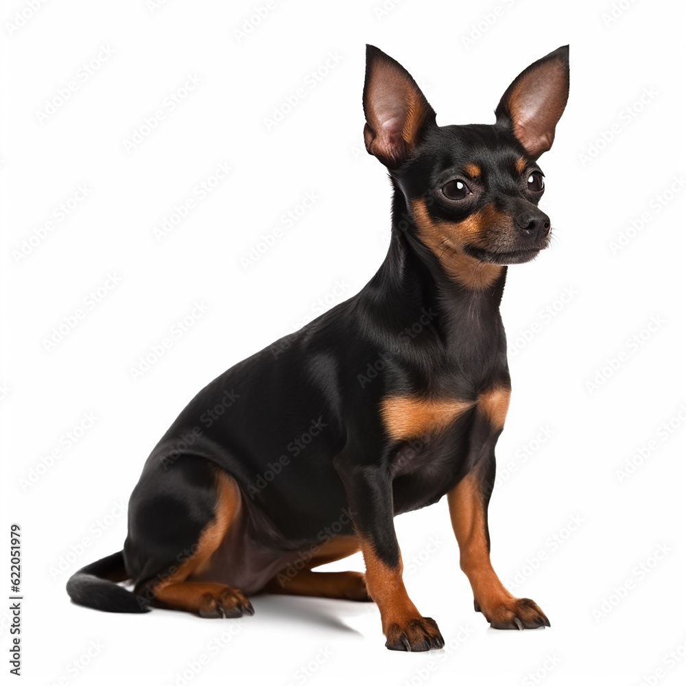 Toy terrier portrait close-up isolated on white. Sweet pet, loyal friend, good companion, generative ai