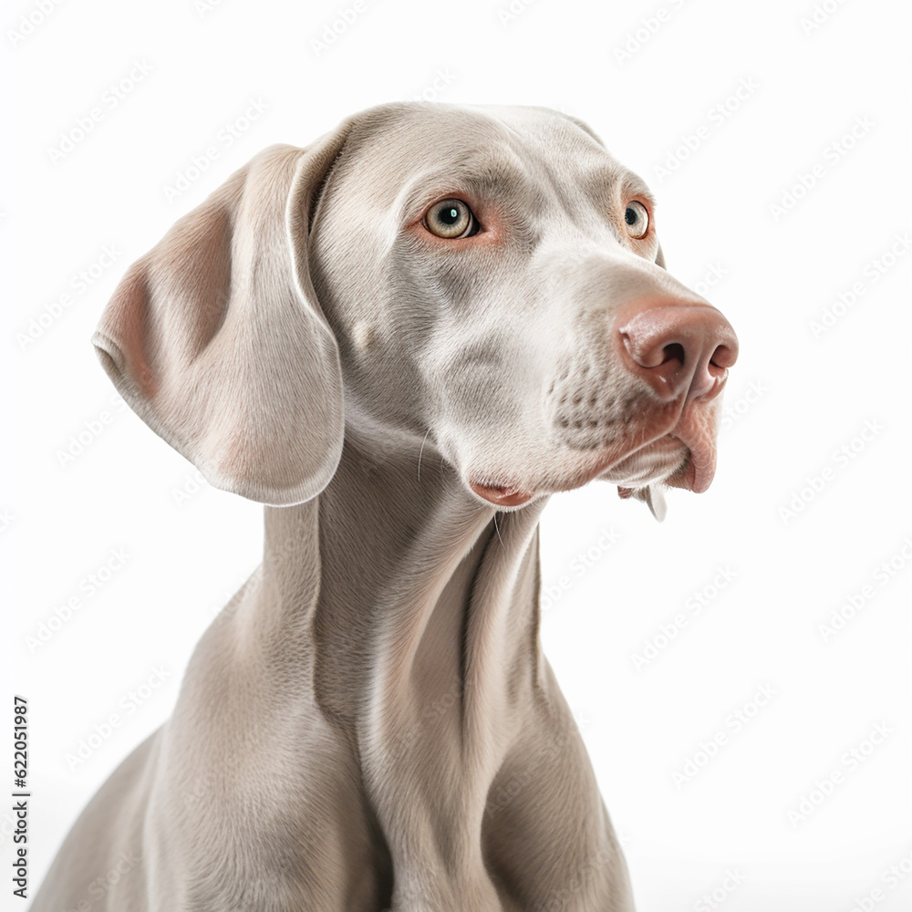 Weimaraner dog portrait close-up isolated on white. Brave pet, loyal friend, good companion, hunting breed, generative ai