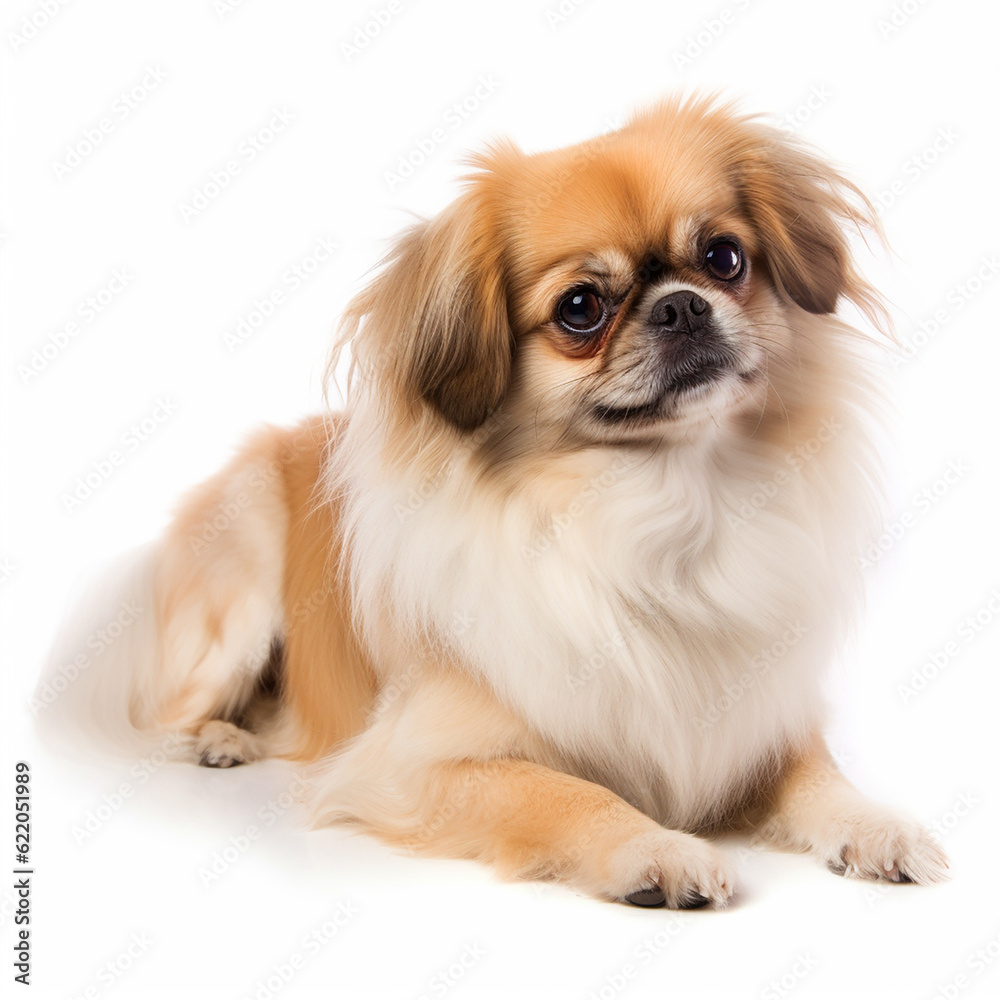 Tibetan spaniel close up portrait isolated on white background. Cute pet, loyal friend, good companion, generative AI Tibetan spaniel close up portrait isolated on white background. Cute pet, loyal friend, good companion, generative AI