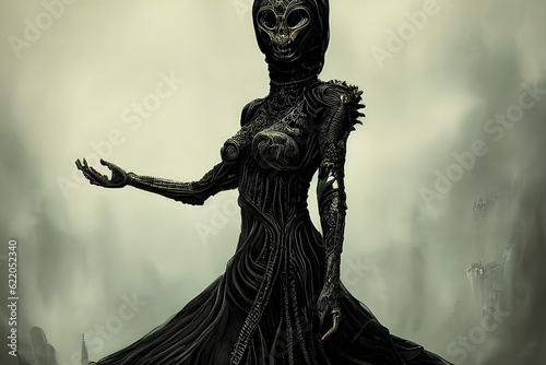Lady Of Death In A Black Dress With A Mask