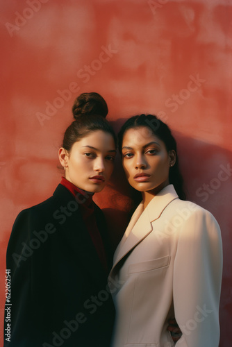  two female friends/models/lgbtq couple in magazine editorial fashion/beauty photo shoot standing in daylight setting style film photography look - generative ai art