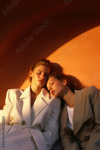  two female friends/models/lgbtq couple in magazine editorial fashion/beauty photo shoot standing in daylight setting style film photography look - generative ai art photo