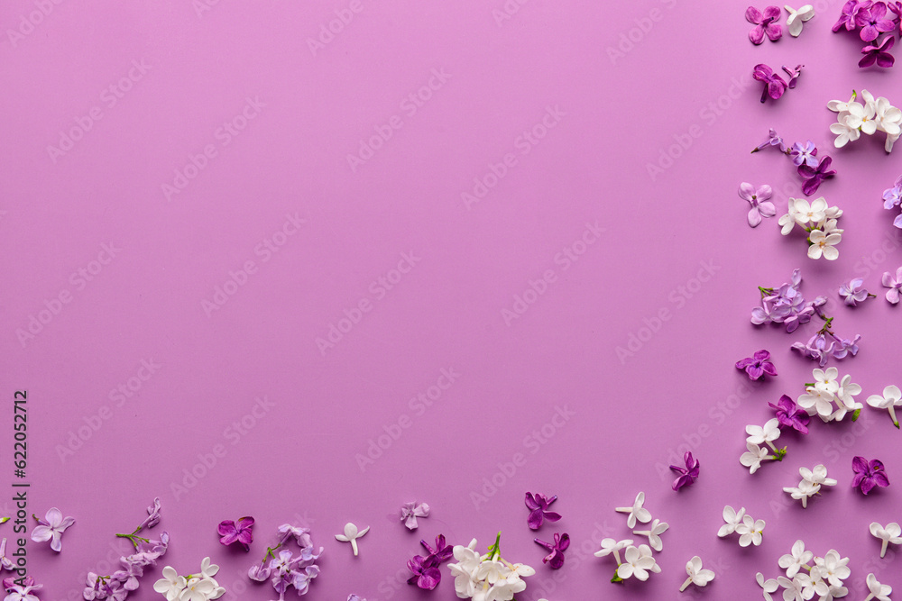 Composition with different beautiful lilac flowers on pink background