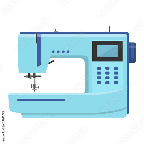 Sewing machine isolated on white background. Modern machine for sewing icon. Mechanical device for stitching fabric and creating garments. Equipment of a dressmaker. Vector illustration