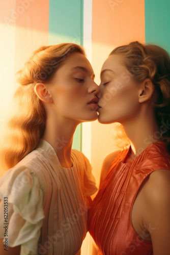 female friends/models/lgbtq + couple in magazine editorial fashion/beauty photo shoot embracing/kissing with film photography look - generative ai art
