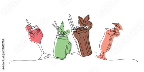Cocktails set with one continuous line art style. Vector linear abstract illustration. Party, pub, restoraunt, club element for prints, textile, posters, cards.  Fresh and cold alcohol coctail. 