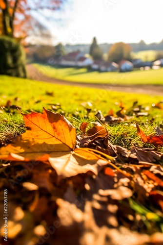 Abstract autumn scene and English country style house village on background, beautiful countryside nature with autumnal leaves and bokeh, generative ai photo