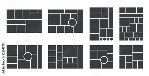 Photo collage grid. Moodboard template. Mood board banner. Photography album layout. Mosaic scrapbook pictures. Photomontage scrapbook frames. Modern design gallery mockup. Vector illustration 