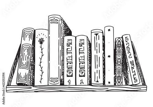 Outline drawing of hanging bookshelf. A stack of books. Hand drawn vector illustration. Engraving retro style clipart isolated on white background.