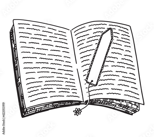 Opened book with bookmark. Outline drawing of library, reading. Hand drawn vector illustration. Engraving retro style clipart isolated on white background.