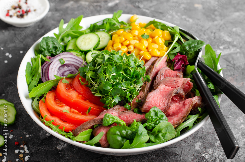 Beef steak and Fresh Vegetables Buddha Bowl, Healthy Balanced Meal on Dark Background Beef steak and Fresh Vegetables Buddha Bowl, Healthy Balanced Meal on Dark Background