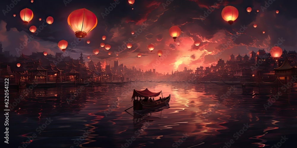AI Generated. AI Generative. Chinese asian city river harbor tradition holiday with fly lanterns with floating on water reflection. Graphic Art