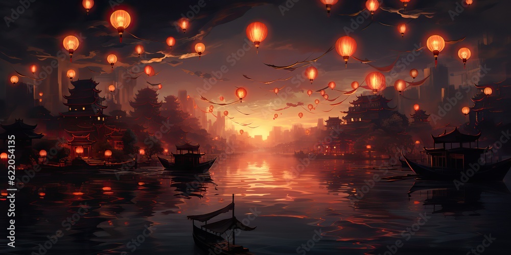AI Generated. AI Generative. Chinese asian city river harbor tradition holiday with fly lanterns with floating on water reflection. Graphic Art