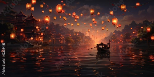 AI Generated. AI Generative. Chinese asian city river harbor tradition holiday with fly lanterns with floating on water reflection. Graphic Art
