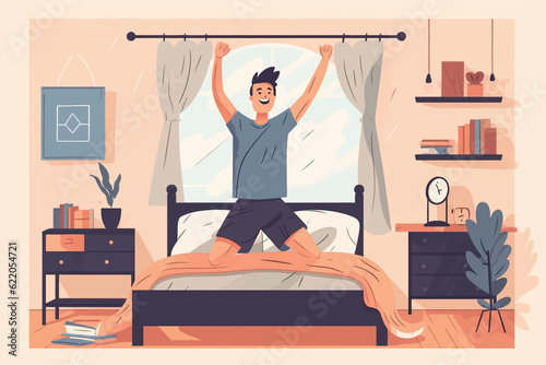 A happy young man stretches in his bedroom after waking up. He is smiling and excited to start his day by doing morning gymnastics in bed. Vector graphic