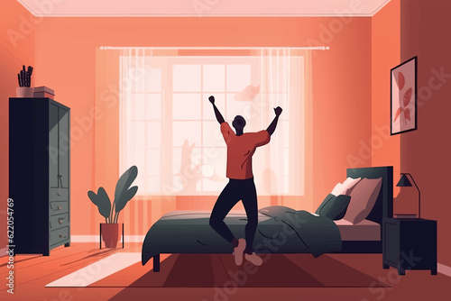 A happy young man stretches in his bedroom after waking up. He is smiling and excited to start his day by doing morning gymnastics in bed. Vector graphic