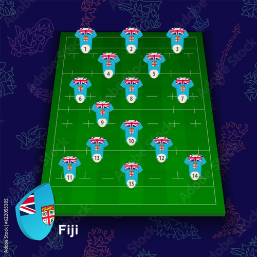 Fiji national rugby team on the rugby field. Illustration of players position on field. photo