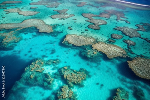 Photographic Close-Up of Flying over an Ocean Reef Teeming with Sharks, Showcasing the Enchanting Light Blue and Turquoise Hues of Australia's Coastal Landscapes