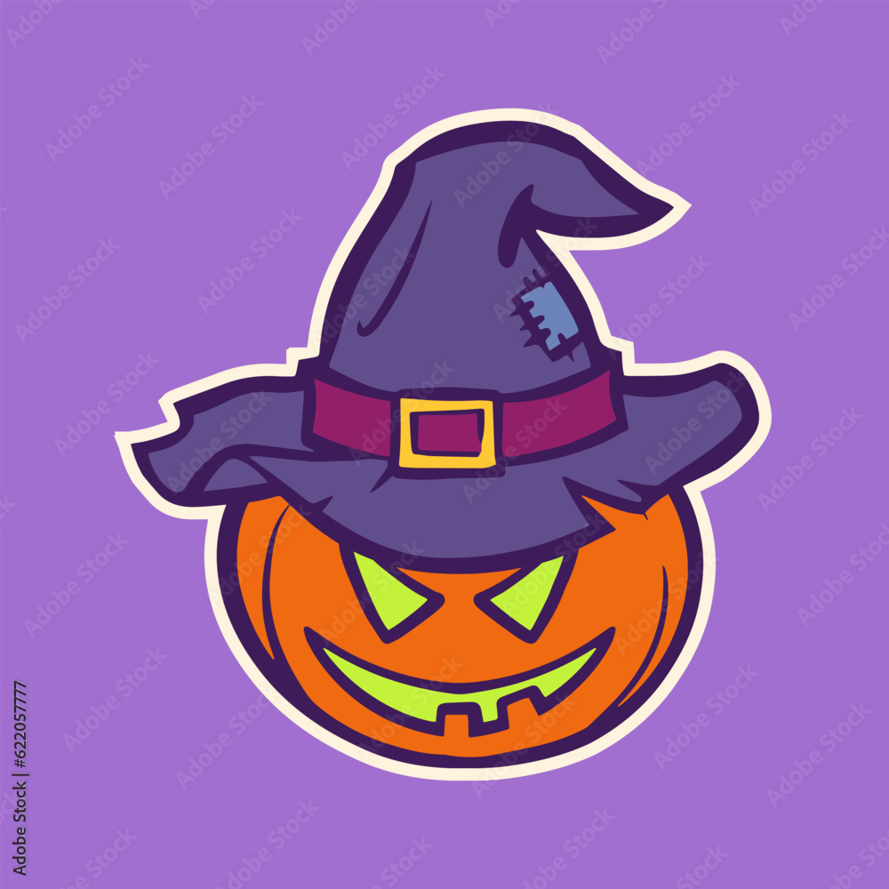 Pumpkin scarecrow head sticker in cartoon style for print and design. Vector illustration.