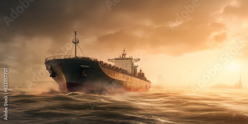 cargo ship at wild sea, Dynamic and Action-Packed Cargo Ship Transport and Logistics with Attention to Atmospheric Effects © Ben