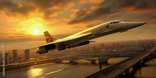 Exterior view of Concorde airplane as representation of generic supersonic plane, symbol of the future of the passenger aviation - Generative AI photo