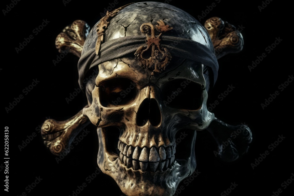 skull and crossbones, Skull and Crossbones: Frontal Skull with Crossed Bones in Pirate Style on a Black Background