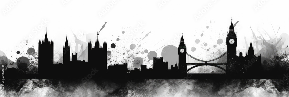 London city panorama, urban landscape with modern buildings. Business travel and travelling of landmarks. Illustration, web background. Skyscraper silhouette. United Kingdom - Generative AI