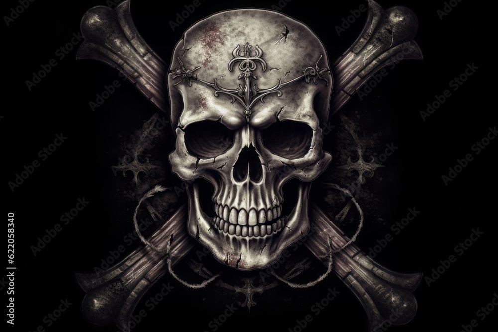 skull and crossbones, Skull and Crossbones: Frontal Skull with Crossed Bones in Pirate Style on a Black Background skull and crossbones, Skull and Crossbones: Frontal Skull with Crossed Bones in Pirate Style on a Black Background