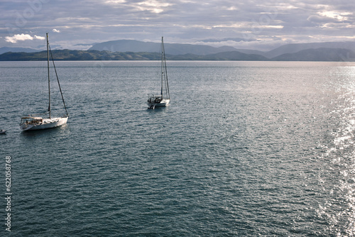 sailboats on calm surface of the blue sea, моя beautiful landscape