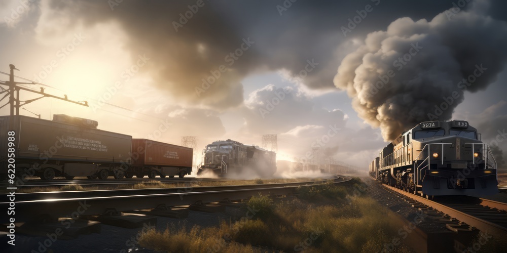Train on the rails, CGI Composition of Ship, Train, Truck, and Plane, Showcasing Attention to Atmospheric Effects and Dynamic Action