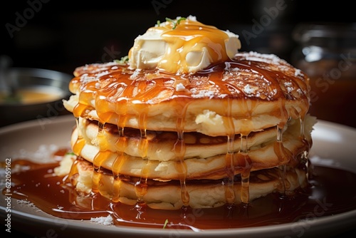Close - up shot, a towering stack of American - style pancakes. Generative AI © GMZ