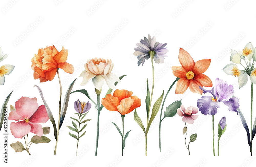 Seamless border with delicate multicolored garden flowers, watercolor illustration.