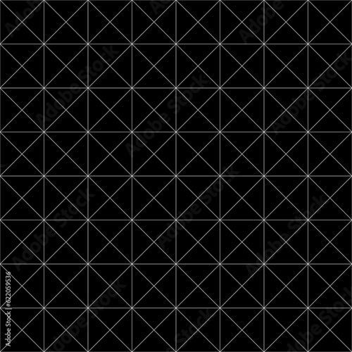Repeated black triangles on white background. Triangular blocks wallpaper. Seamless surface pattern design with tiles. Mosaic motif. Digital paper with polygons for print. Crossing lines. Vector art.